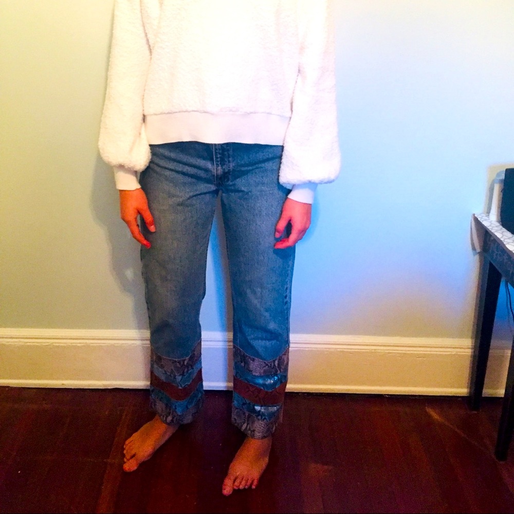 Gorgeous jeans with leather snake skin bottoms